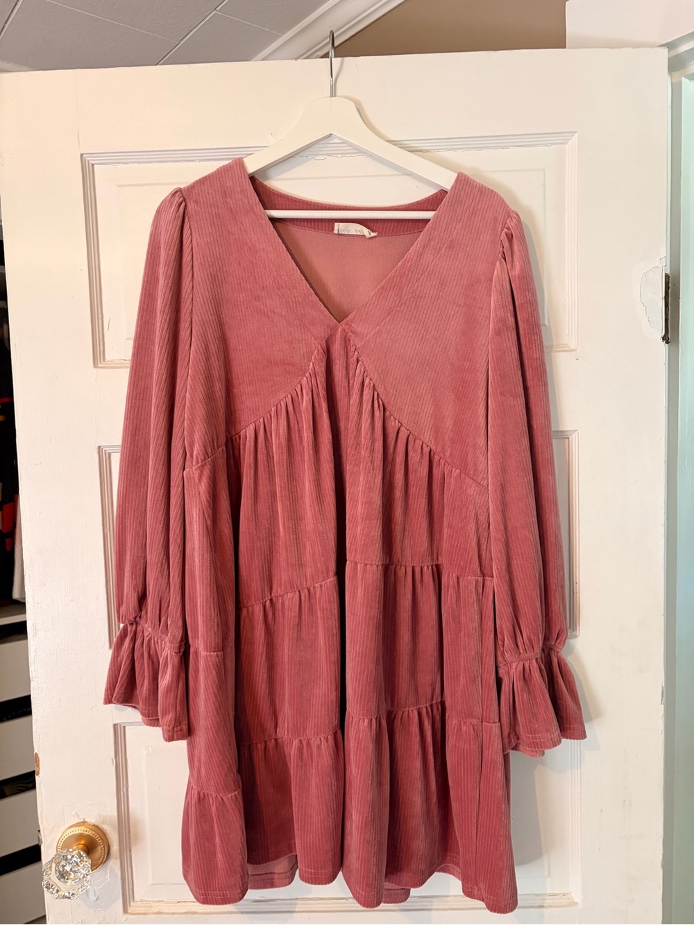 V-Neck Tiered Long Sleeve Dress in Dusty Rose